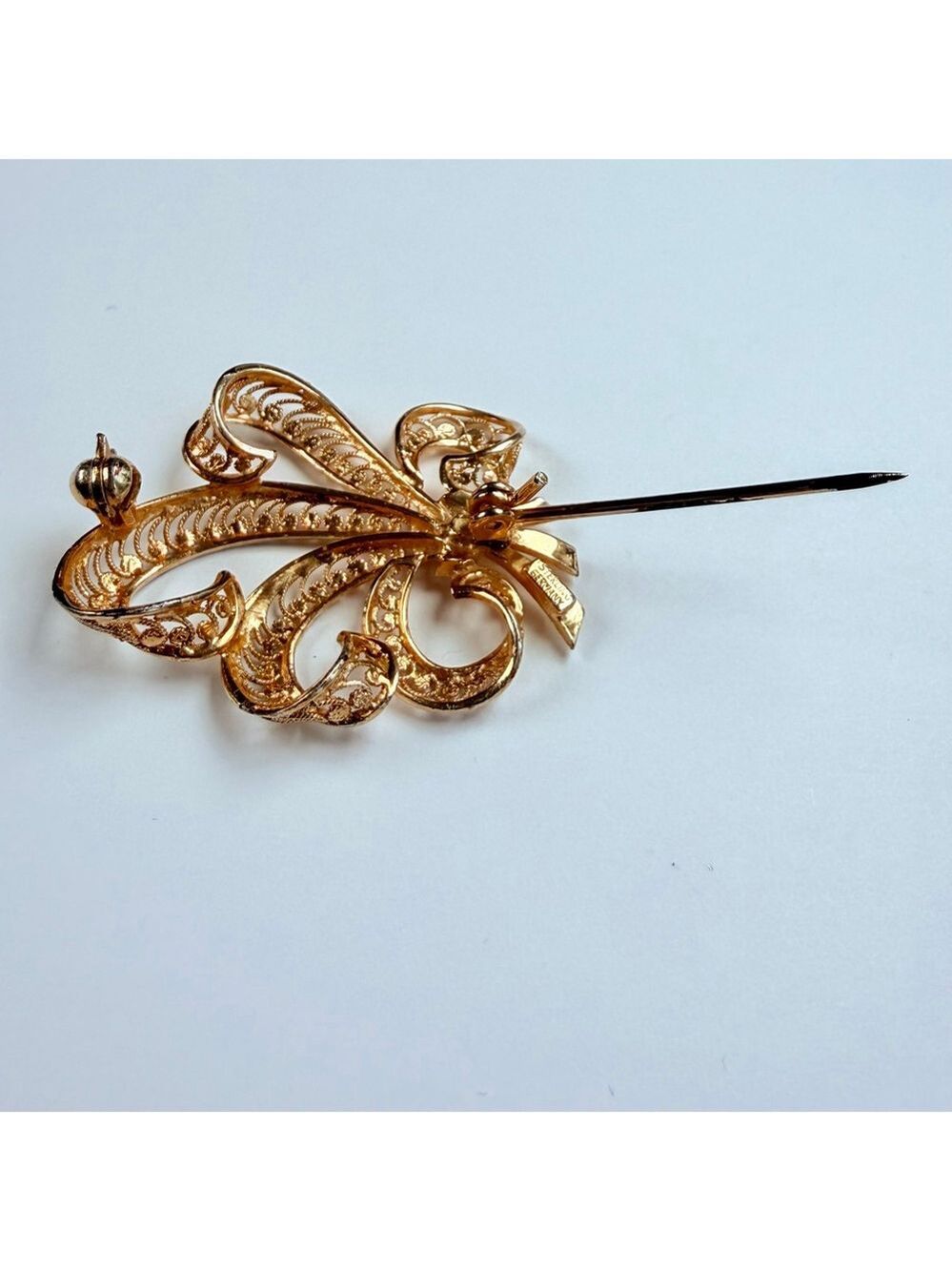 Fleur De Lis Filigree Gold Vermeil Wirework Sterling Silver VTG Brooch Germany - Picture 9 of 10